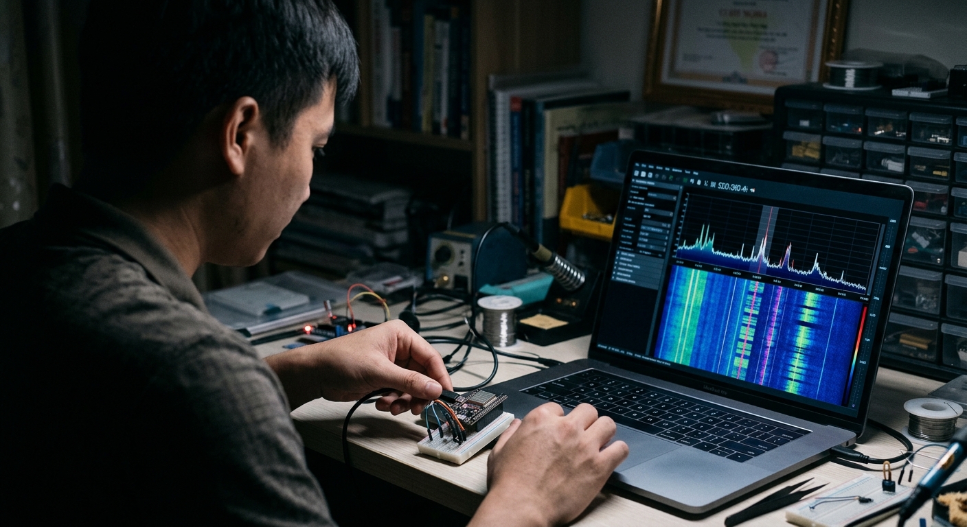 Engineer connecting an ESP32 SDR board to a laptop running GNU Radio and Gqrx