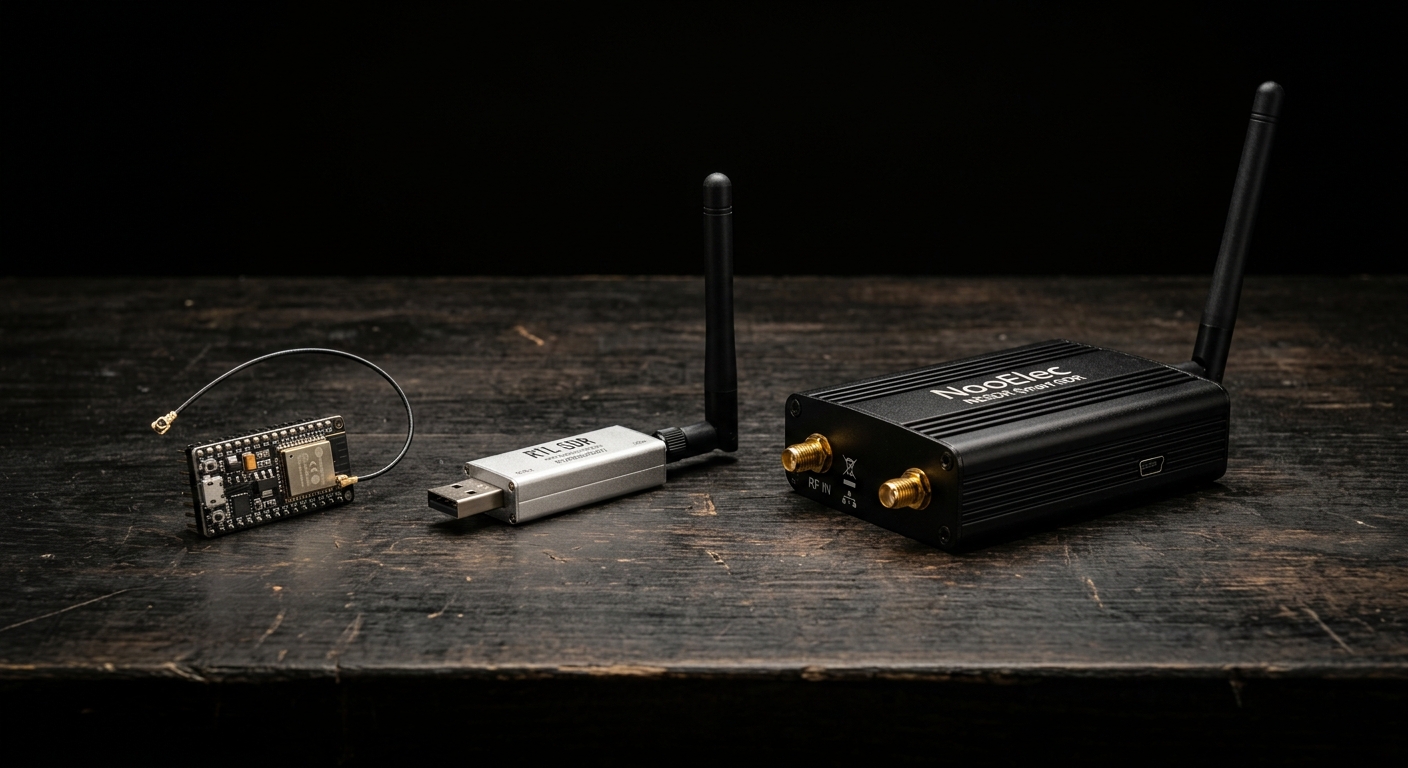 Comparison of low cost SDR hardware: ESP32 board, RTL-SDR dongle and HackRF on a workbench